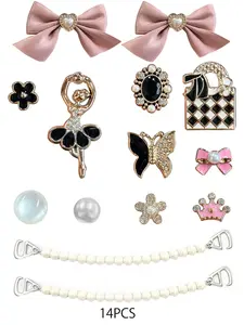 14-Piece Hole Shoe Decoration Buckle Set, Shoe Charms, Ballet Bow Pearl Chain Design, High-Quality Elegant Style DIY Shoes Accessories