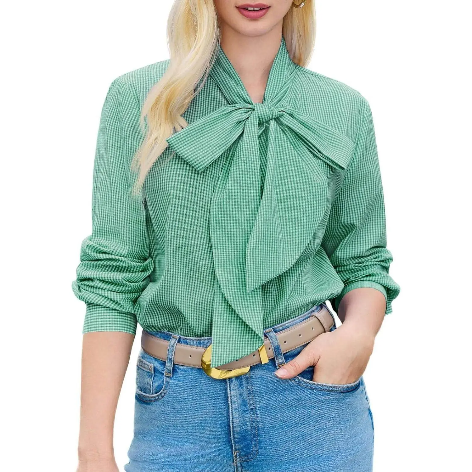 Imily Bela Womens Plaid Shirts Bow Tied Neck Button Down Long Sleeve Casual Dressy Blouse Tops Womenswear Chic