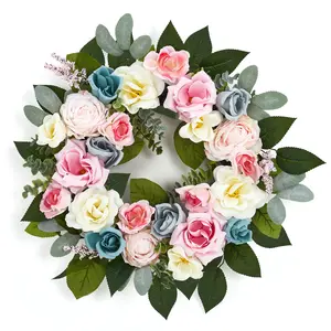 20" Pink Rose Wreath for Front Door, Artificial Floral Spring Wreath with Eucalyptus & Rattan Base for Home Porch Wall Wedding Party Decor