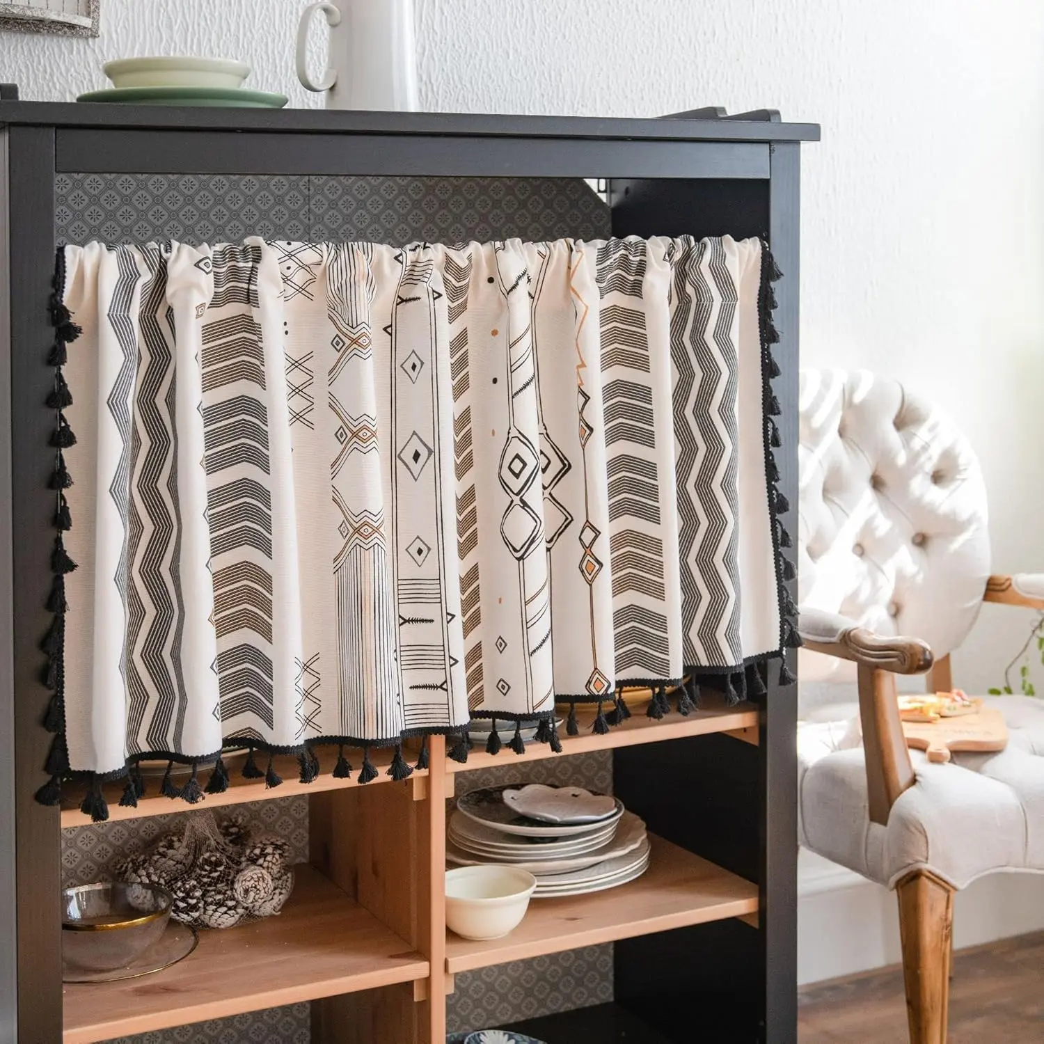 Boho Kitchen Curtains valances for Windows,Floral Cotton Linen Darkening Curtains with Tassel Farmhouse Rod Pocket Bathroom Window Treatment Valances for Living Room Bedroom,59''W x 18''L