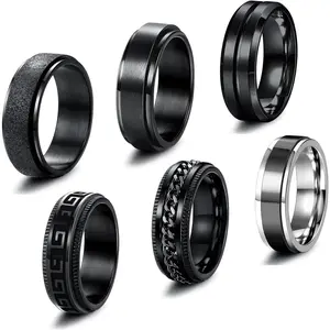 FLORIDECO Men's 6-Piece 8MM Black Twisted Stainless Steel Vintage Design Spinning Rings, Size N1/2-Z1/2, for Wedding Promises & Daily Wear,summerwins