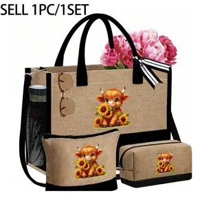 Cute Highland Cow Handbag Set, Includes One Handbag and Coin Purse, Large Capacity, Shoulder Bag, Linen Shopping Bag, Beach Bag, Fashionable Handbag