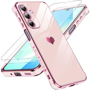 Samsung Galaxy A16 5G Case with Tempered Glass Screen Protector & Full Camera Lens Protection, Love Heart Plating, 2 Pcs, Soft TPU Casing