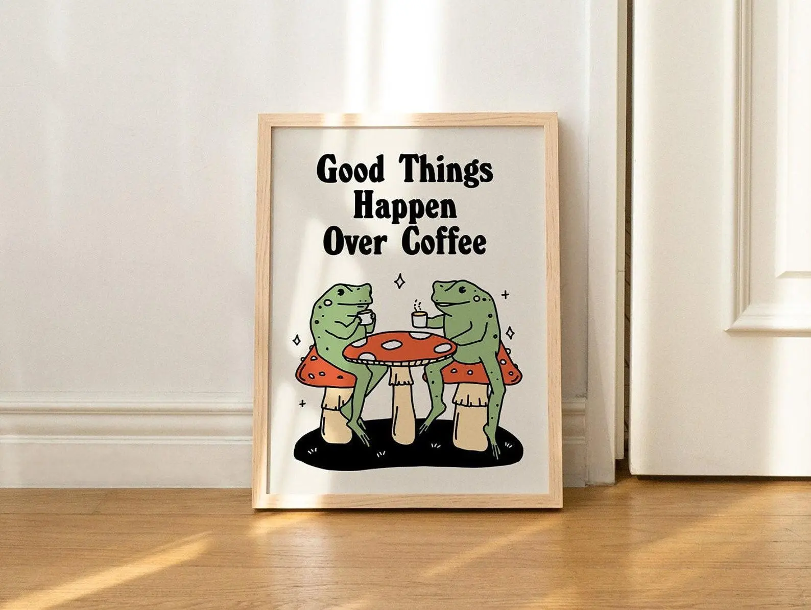 FRAMED Frog Coffee Print, Vintage Quote Illustration, Retro Mushroom Prints, Cute Quirky Kitchen Wall Art, Wooden or Metal Frame