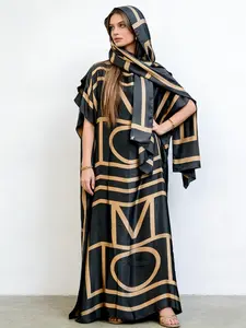 Women's elegant satin texture kaftan robe - black and gold geometric print, paired with a headscarf of the same color, extra-long maxi kaftan dress | oversized cloak-style robe, suitable for formal dinner parties, Modesty, Boho Caftan