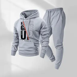 Men's "Never Give Up" Letter Print Hoodie & Drawstring Sweatpants Set with Pockets, Casual Athletic Long Sleeve Hoodie & Jogger Pants for Fall & Winter, Sportswear Tracksuit for Indoor & Outdoor Activities