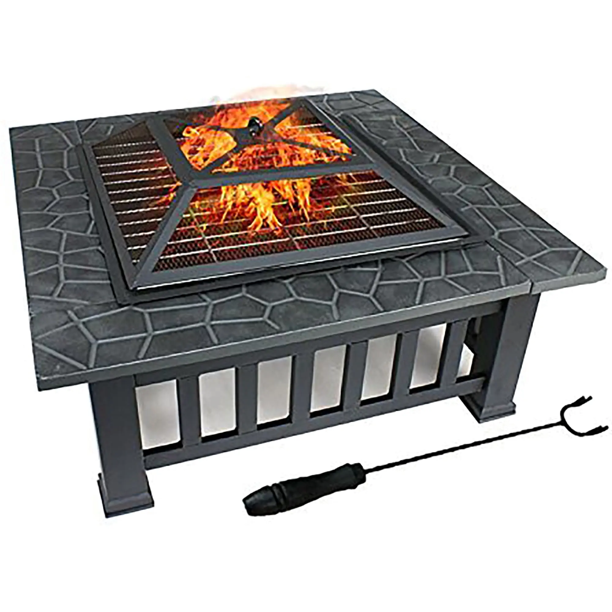SUPER DEAL 32x32 in Heavy-Duty Steel Free-Standing Fire Pit Set - Square Wood-Burning Stove with Smallgap Food Hold, Wind-Safe Fire Bowl, Tabletop Option for Patio Garden Decor