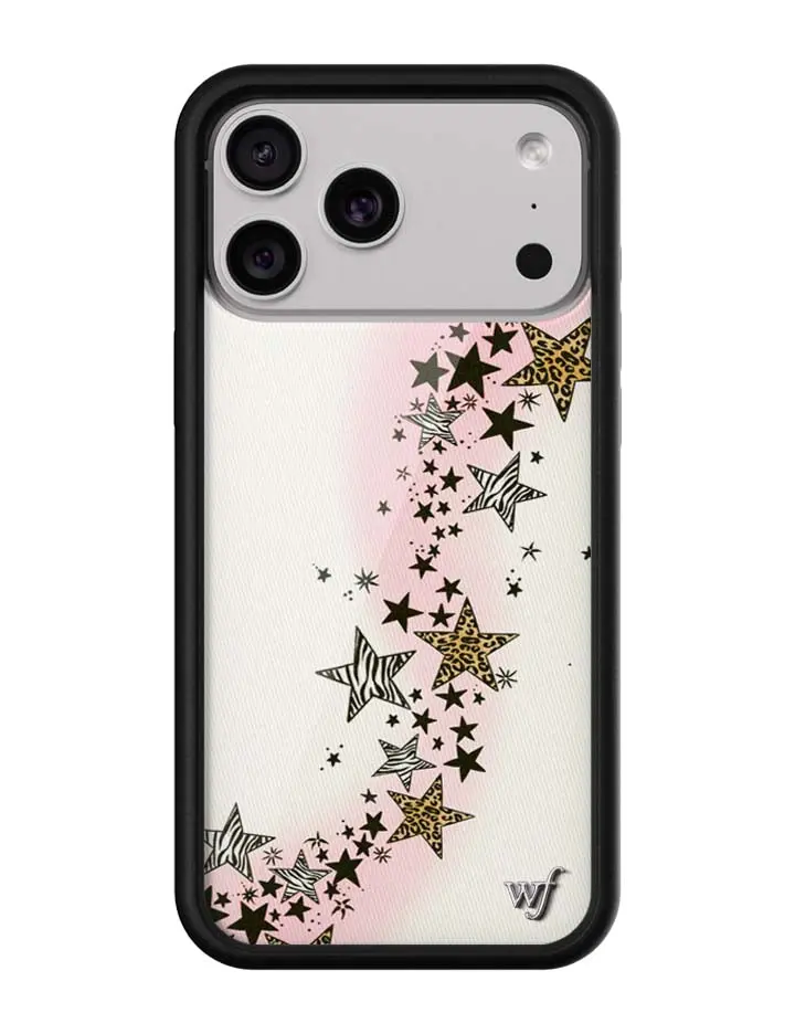 Wildflower x Katie Fang Collab Limited Edition Customized iPhone Casing - White Background with Pink Flower Leopard-Zebra Print Stars, Raised Durable Protection Screen Lift Bumper, Women's Owned Small Business Accessory