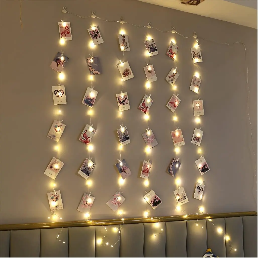 3.3*5ft Short Curtain Lights with 8 Hook for Small Windows, 96 LED Warm White Photo Clips String Light with 52 Clear Clips, Remote Control 8 Modes USB Fairy Lights for Bedroom, Party, Wall
