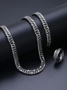 Men's Fashion Chain Link Design Jewelry Set, Casual Trendy Bracelet & Ring & Necklace, Fashion Accessories for Party & Daily Clothing Decor, Decoration