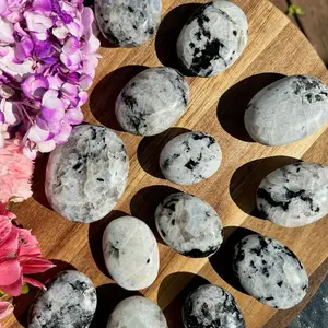 Rainbow Moonstone Palm Stone 50mm |  Stone of Intuition | Blue Flash | Black Tourmaline Inclusions | Worry Stone |