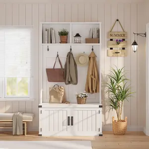 76" 3-In-1 Entryway Hall Tree with Bench and Shoe Storage, Farmhouse Cabinet with Coat Rack & 5 Tri-Hooks, Adjustable Shelf, White Mudroom Bench with Storage Seating, Space Saving, White