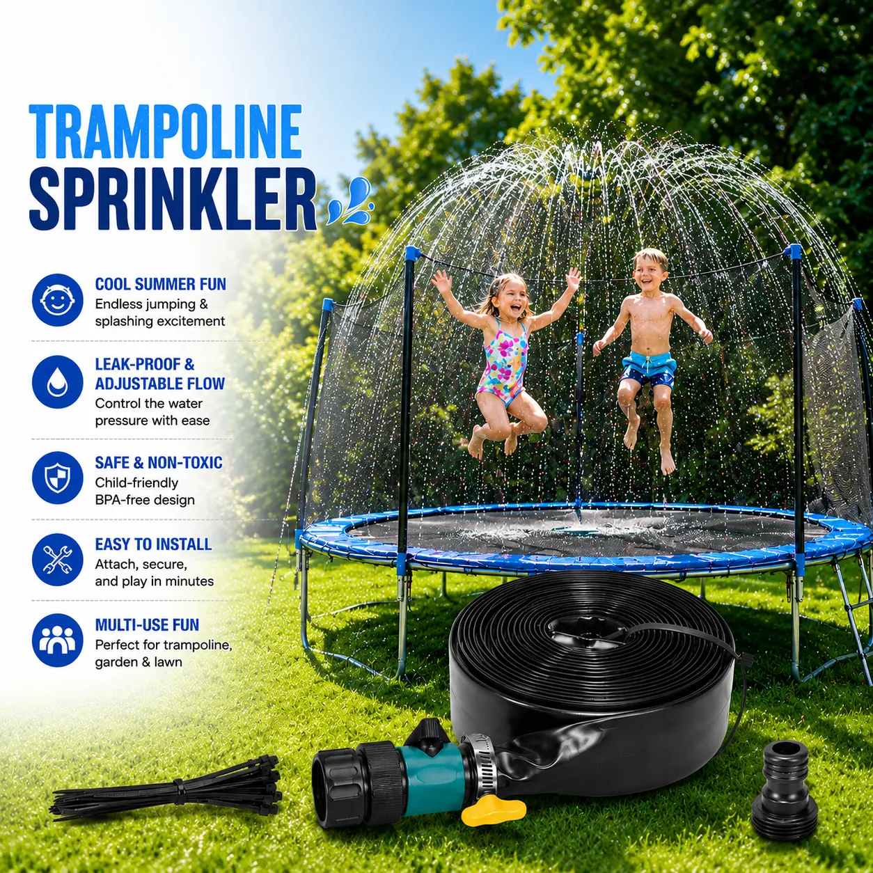 Trampoline Water Sprinkler 39ft, Leak-Proof PVC Pipe for Kids Outdoor Play and Summer Water Games, Backyard Misting Cooler with Net Mounting-2314