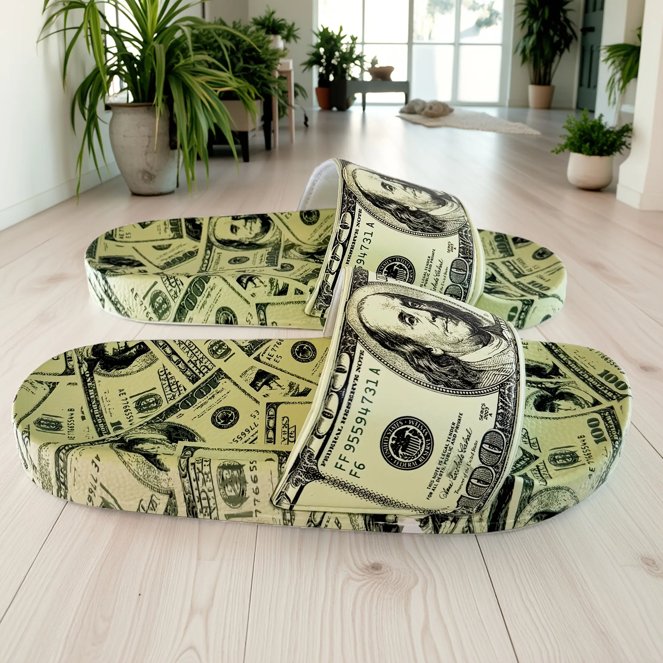 Men's Hip Pop Dollar Bills Graphic Sliders Shoes - Casual, Comfortable Footwear Slides, Lightweight Slip-On Slippers for Boys