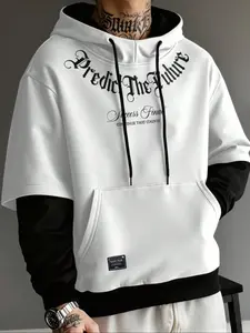 Men's Winter Fleece Hoodie, Fashion Colorblock Patchwork Design, Comfortable Loose Fit Pullover, Cotton Drawstring Hooded Sweatshirt, Casual Streetwear Sweatshirt