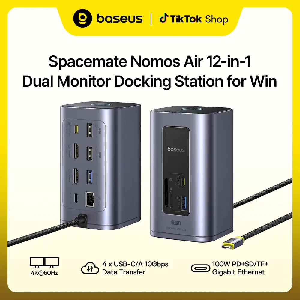 Baseus Spacemate Nomos Air 12-in-1 Multi-Port Docking Station, High-Speed Data Transfer Docking Station for Dual-Monitor Windows Systems, High-Speed Data Transfer Docking Stations