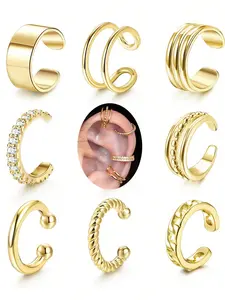 9pcs/Set Minimalist Metal Geometric Crystal Ear Cuffs, Helix Earring, Unisex Suitable For Vacation, Date, Party, Daily Wear, Valentine's Day Gift For Friends And Mom