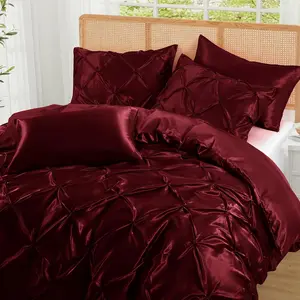 5 Pieces Satin Pintuck Duvet Cover Set, Silky Like Burgundy Pinch Pleat Duvet Cover Full/Queen Size Luxury Bedding Set with Corner Ties, 2 Pillow Shams + 2