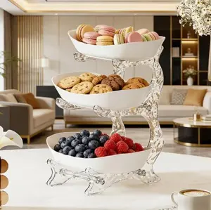 3-Tier Fruit Bowl - Elegant Porcelain Style, Multi-Layer Storage Rack Organiser, Perfect for Kitchen Counter Fruit, Vegetable, Snack & Dessert Display (Wedding & Party)