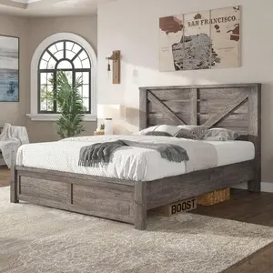 Farmhouse Platform Bed Frame With 49.2" Barn Door Headboard, Wood Slats, Under-Bed Storage, Easy Assembly, No Noise, Distressed Finish