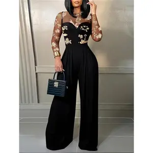 Elegant commuter lace-trimmed high-waisted jumpsuit, wide-leg pants, party streetwear, long sleeves, waistband design, spring and autumn GARMENTARY