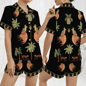 Women’s Coconut Tree Peacock Monkey Plant Short Sleeve Satin Pajama Set, Monkey Pajamas Satin Set, Coconut Pajamas, Gift For Her