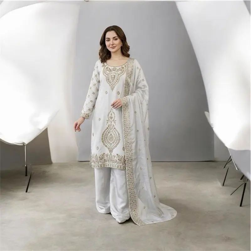 Women's Traditional Elegant Glass Silk Hand Embroidery Plazo Set - Heavy Work Kurta Top, Statement Ethnic Party Formal Clothes for Special Occasions, Women's Clothes