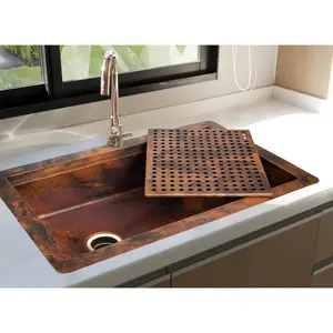 33" Drop-in Single Well Hammered Copper Kitchen Sink with Removable Grill
