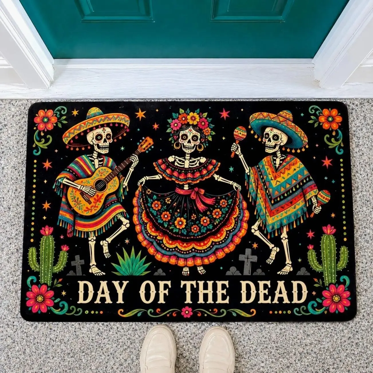 Day Of The Dead Doormat, Dia De Los Muertos Welcome Mat, Sugar Skull Skeleton Halloween Door Mat, Mexican Porch Decor