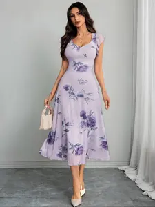 Women's Romantic Elegant Fresh Feminine Floral V-Neck Fitted Waist Cinched Mesh Patchwork Dress, Stylish Summer Fashion, Perfect for Casual & Party Wear