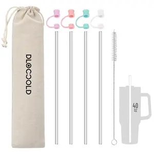 Reusable Drinking Straw Set, Plastic Reusable Straw, Including 4 Straw & 4 Random Color Straw Topper & 1 Straw Brush, Straw & Straw Cap Set for 40 oz Tumbler (Tumbler Not Included), Plastic Straws