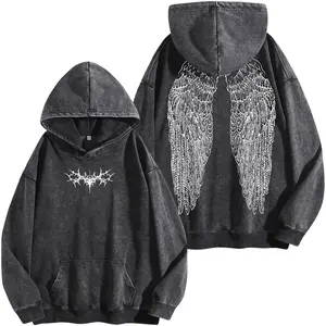 Y2K Gothic Wing Hoodie – Dark Oversized Vintage Washed Hoodie | Washed Wing Graphic T-Shirt for Grunge Streetwear & Anime-Inspired Fashion