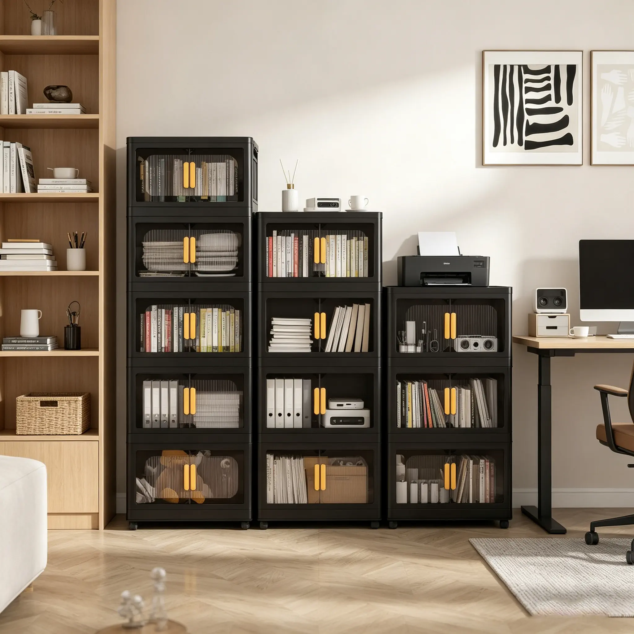 Stackable, foldable storage cabinet with wheels—ideal for home or cosmetics organization, this wheeled storage cabinet can move wherever you need it, whether in the kitchen, bedroom, or office.