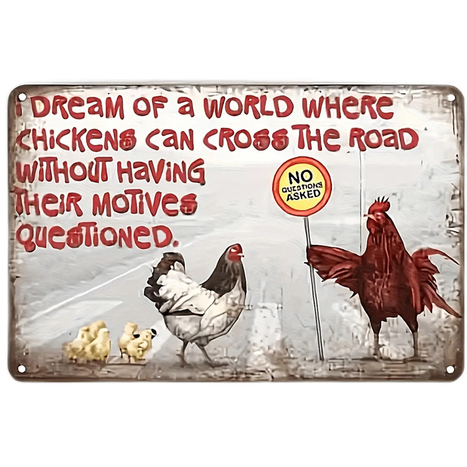Humorous Chicken Crossing Road Sign Aluminum Wall Art Humorous Joke Quote Aluminum Plaque Rustic Farmhouse Wall Decor for Kitchen Chicken Coop Backyard Garden Gag Gift for Chicken Lover Man Cave Retro Tin Sign