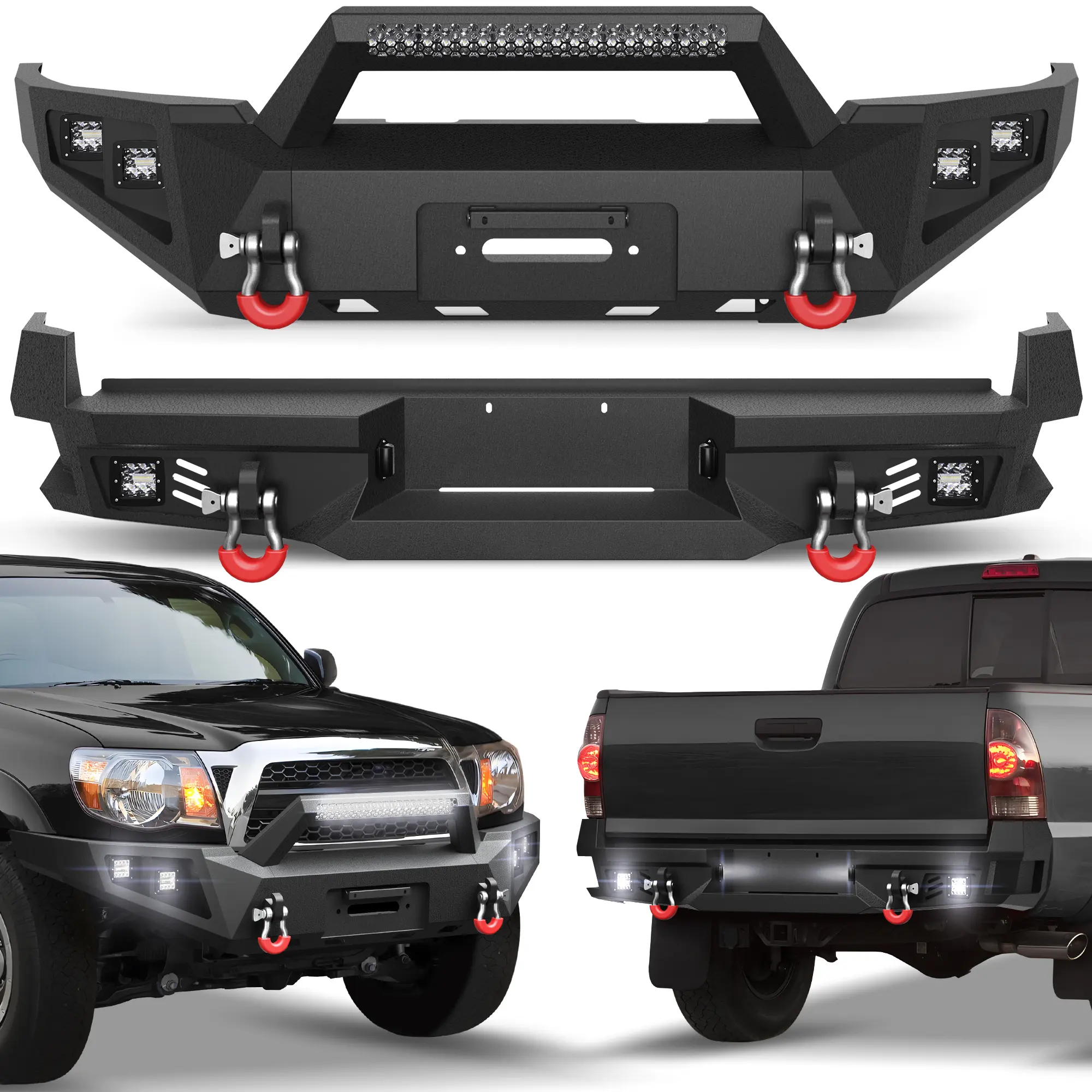 POFENZETacoma Bumper Set for 2005 2006 2007 2008 2009 2010 2011 2012 2013 2014 2015 Tacoma 2nd Gen Pickup | Pickup Truck Steel Bumpers w/Winch Plate, LED Lights, D-rings and License Plate Bracket