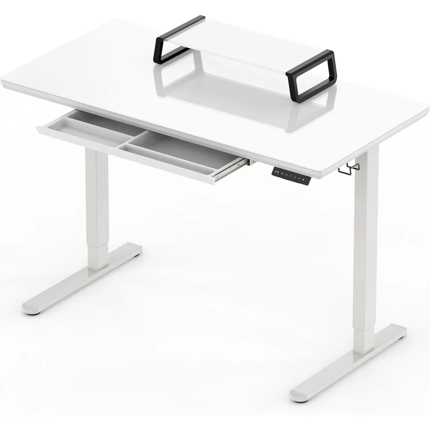 48-Inch Whole-Piece Glass Electric Height Adjustable Desk with Monitor Riser and Drawer, White