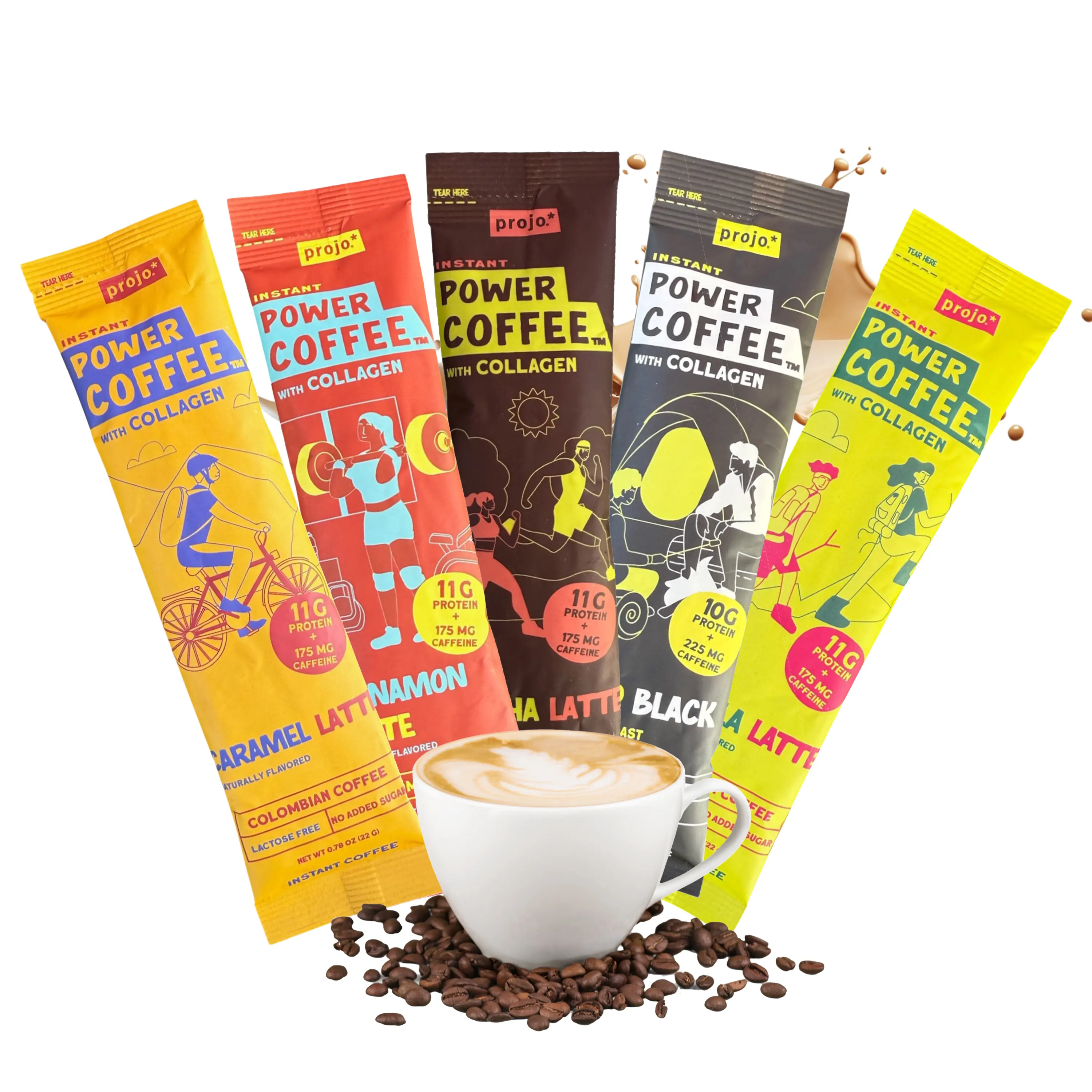 Projo Power Coffee with Collagen – 11g Protein, 175–225mg Caffeine | Instant Organic Coffee Sachets | High-Protein Energy Drink for Focus, Skin & Fitness – 12 Single-Serve Packets (or Sample all 5 Flavors!)