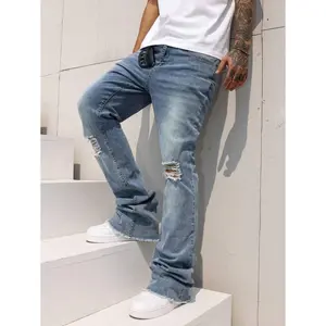 Men’s light-wash denim jeans: casual stacked bootcut with ripped knee detail and a zip fly—perfect for going out, hanging out, parties, vacations, and streetwear.