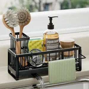 Sponge Holder for Kitchen Sink-Self-draining Sink Caddy With Brush and Dishcloth Holders, Stainless Steel Kitchen Organizer for Countertop-Black