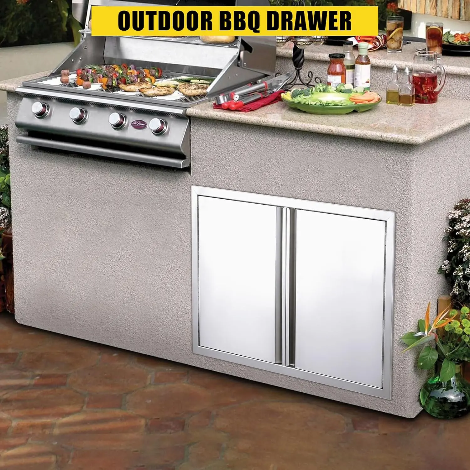 Gaomon Brushed Finish Stainless Steel Lockable Door Double-Door Storage Cabinet - 28in W x 19in H, Metal Handle, Vent Panel, 5-Ply Corrugated Construction, for Indoor & Outdoor Kitchen Use, Double-Door Lockable Storage Cabinet