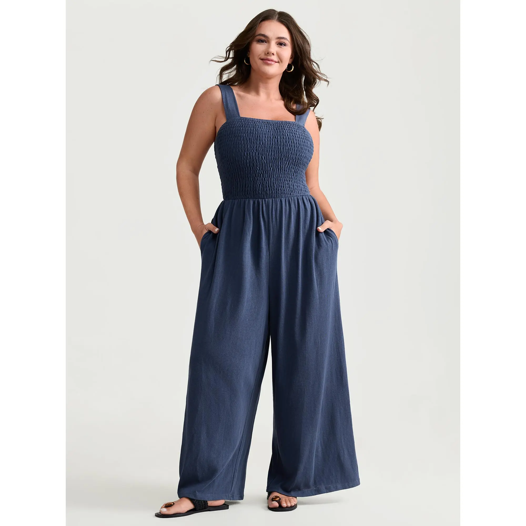 BloomChic Women's Plus Size Curvy Cotton Polyester Jumpsuit, A-Line Shirred Square Neck Maxi with Pockets, Pull On, Cold Wash, Casual, Women's Clothes, Jumpsuits For Women, Curvy Clothing