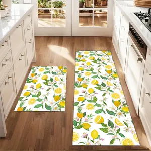 2Pcs Summer Lemon Floor Mat Set White Background Lemon Leaf Printed Carpet Farmhouse Anti Fatigue Kitchen Carpet Non Slip Washable Winter Kitchen Restaurant Floor Laundry Room Decoration Carpet Mat Kitchen Rugs Sets Decorative Rug Mat