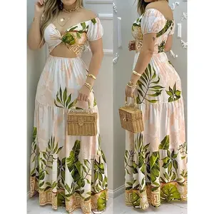 Women's printed long dress - V-neck, ruffle details, suitable for summer gatherings and clubs, vacation knit structure, cute summer dress casual fabric polyester sexy women's waist belt flower weaving