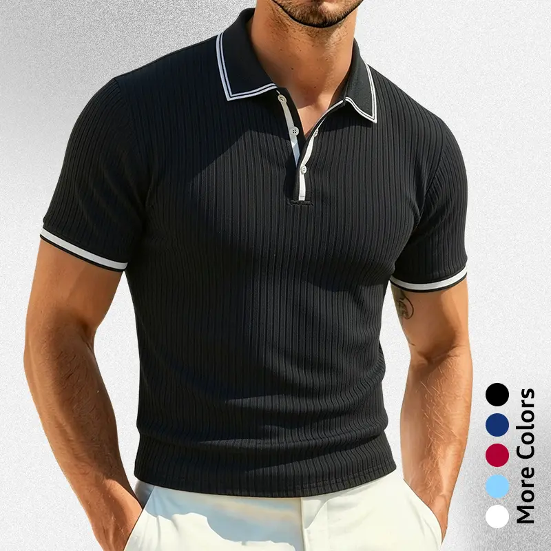 Men's Sporty Chic Ribbed Polo Shirt, a Slim Fit Short-Sleeve Button-Up Top for Evening or Date Night Wear in Standard Sizes M, L