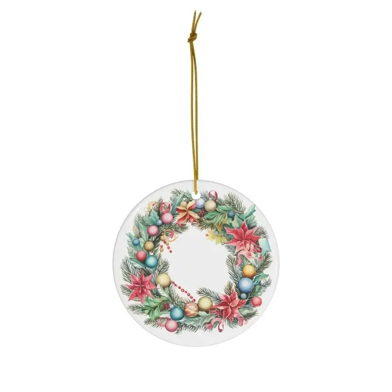 Ceramic Christmas Wreath Ornament with Full-Color Artwork, Photos, or Logos - Holiday Gift
