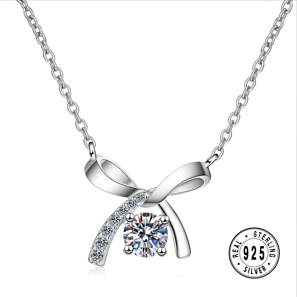 925 Sterling Silver Round Moissanite Bow Pendant Necklace Dainty Ribbon Sparkling Jewelry Gift for Women