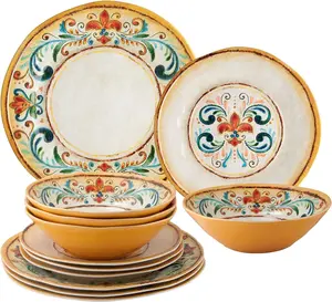 12 Piece Crackle Melamine Dinnerware Sets, Outdoor Dishes Set, Plates and Bowls Sets, Service for 4, Red