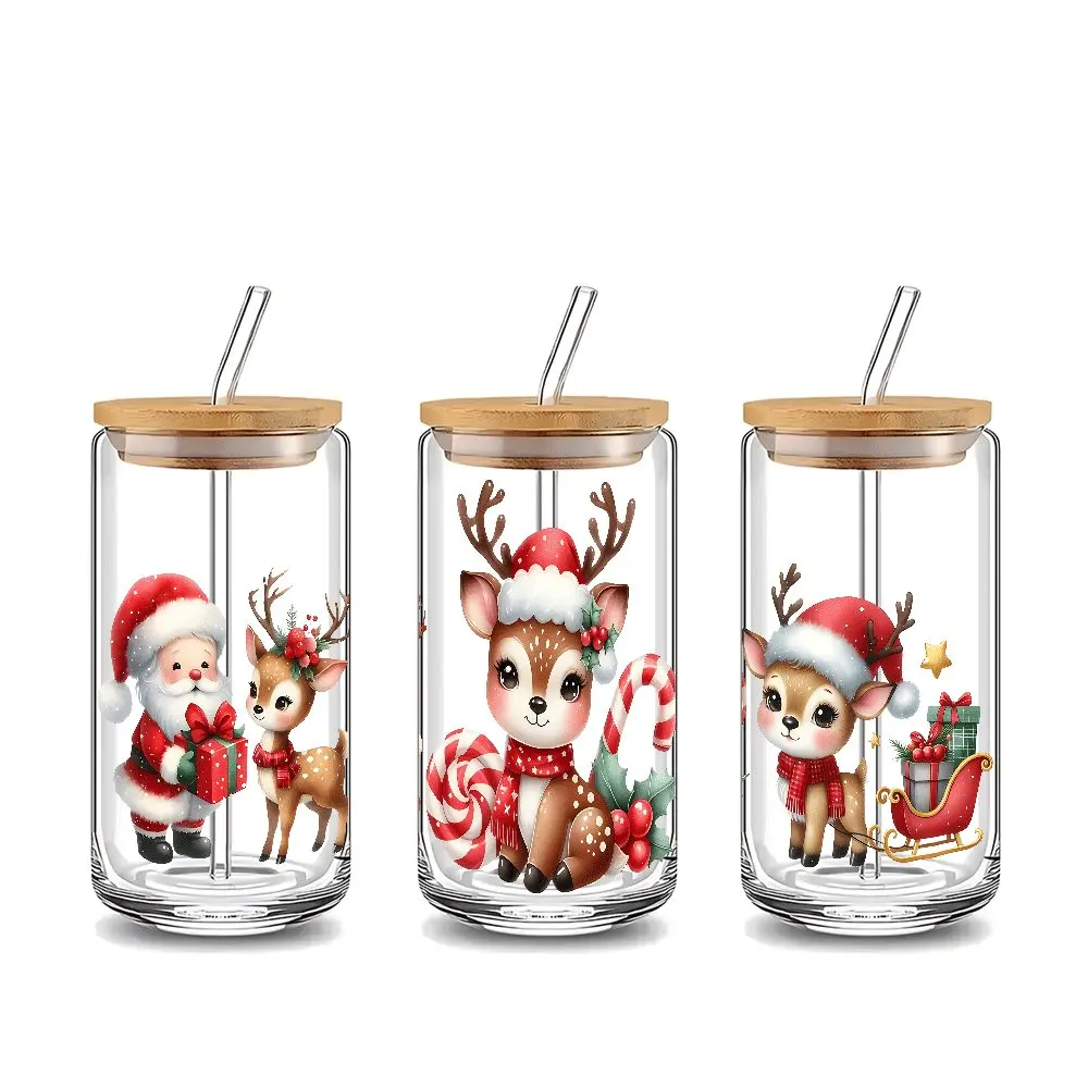 Cute Christmas Reindeer Design 16oz Glass Water Cup with Lid and Straw, Bamboo Lid Reusable Glass Drinking Cup, High-Quality Glass Jar Design, Suitable for Iced Coffee, Beer, Juice, Milk, Cold Drink Glass Cups, Fashionable Glassware