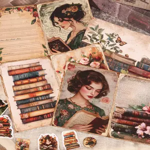64pieces(12 A5 papers and 52stickers)Secret Library Junk Journal Kits, Journal Kit Set, Craft Kit, Crafting Kit, With Characters, Butterflies, Flowers, Old Book, for DIY Crafts, Journaling Supplies, Collage Decoration