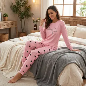 Women's Cute Pajamas Set 2 Piece Lounge Set Long Sleeve Graphic Tee and Heart Pattern Joggers Soft Sleepwear Nightwear for Women